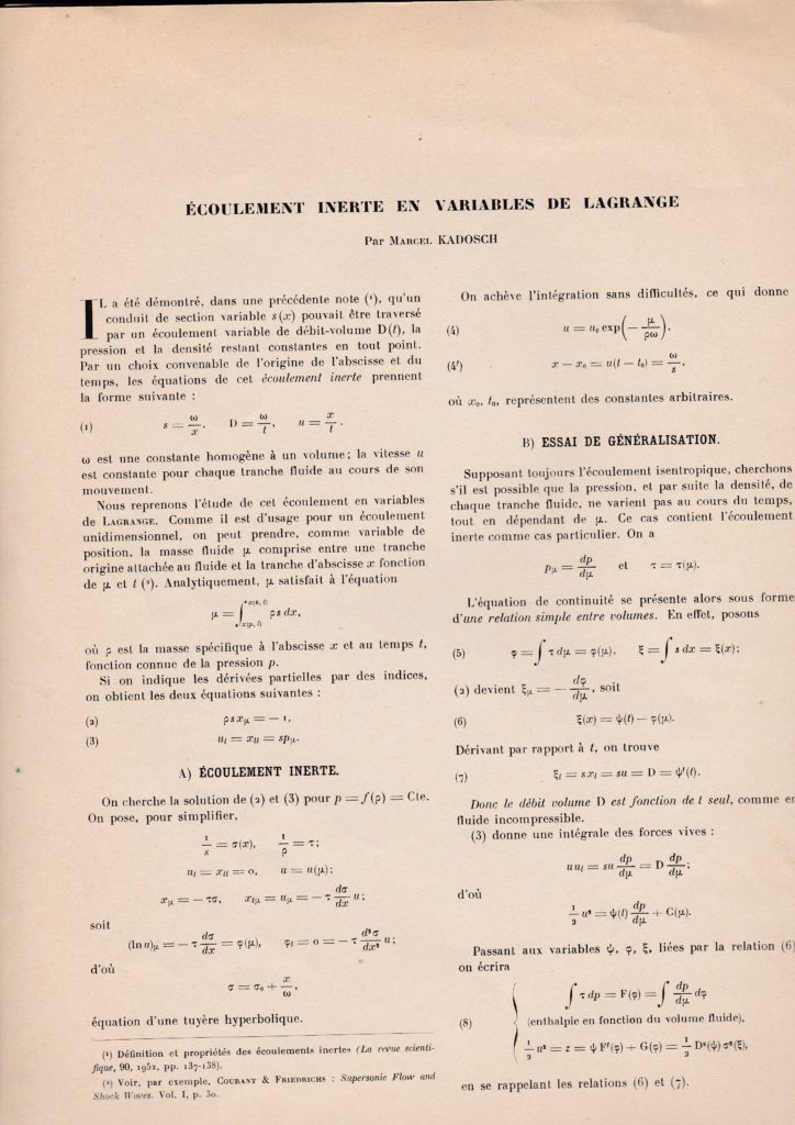 Ecoulement inerte en variables de Lagrange. Par Marcel Kadosch. p. 138