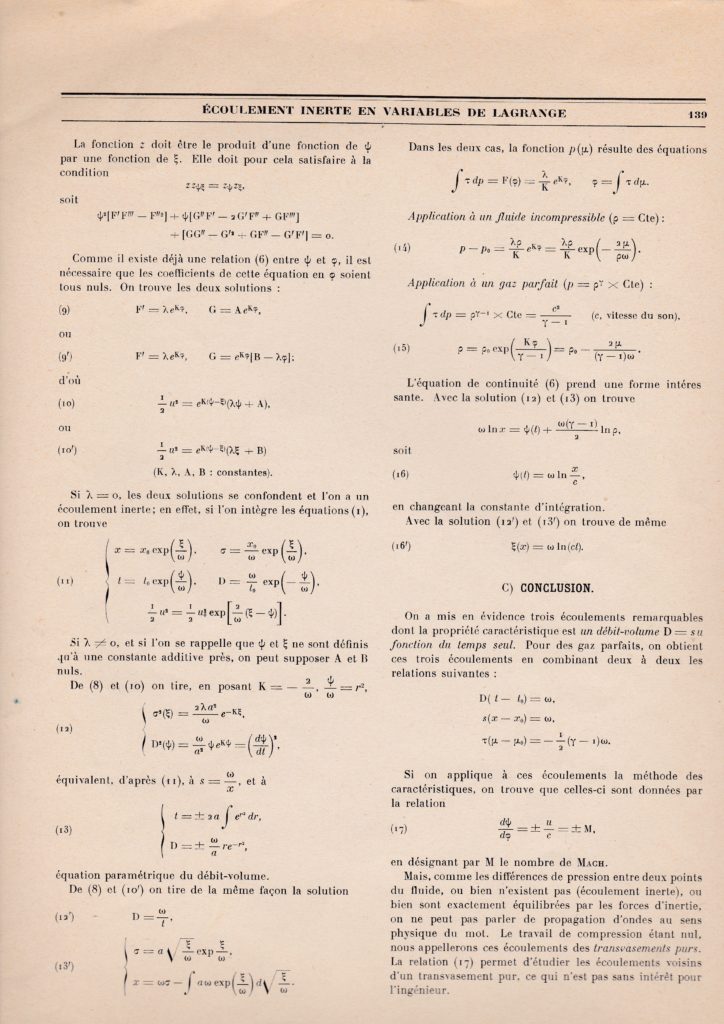 Ecoulement inerte en variables de Lagrange. Par Marcel Kadosch. p. 139